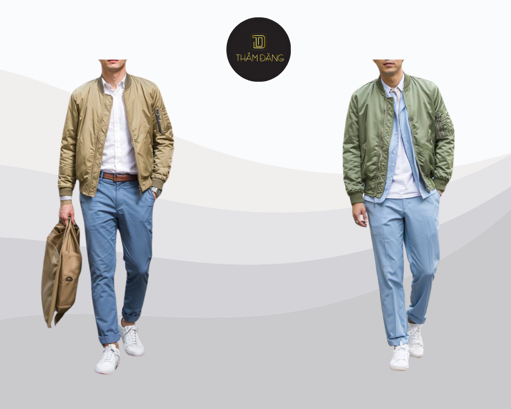 Mix quần thiên thanh với áo khoác bomber hoặc kaki tone trầm tạo nên set đồ cá tính, mạnh mẽ và đầy phong cách cho phái mạnh.