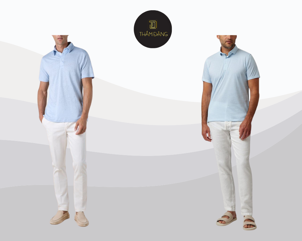 Áo polo thiên thanh phối quần trắng mang đến vẻ ngoài thanh lịch, trẻ trung và tinh tế cho phái mạnh trong các dịp semi-formal hoặc dạo phố cuối tuần.