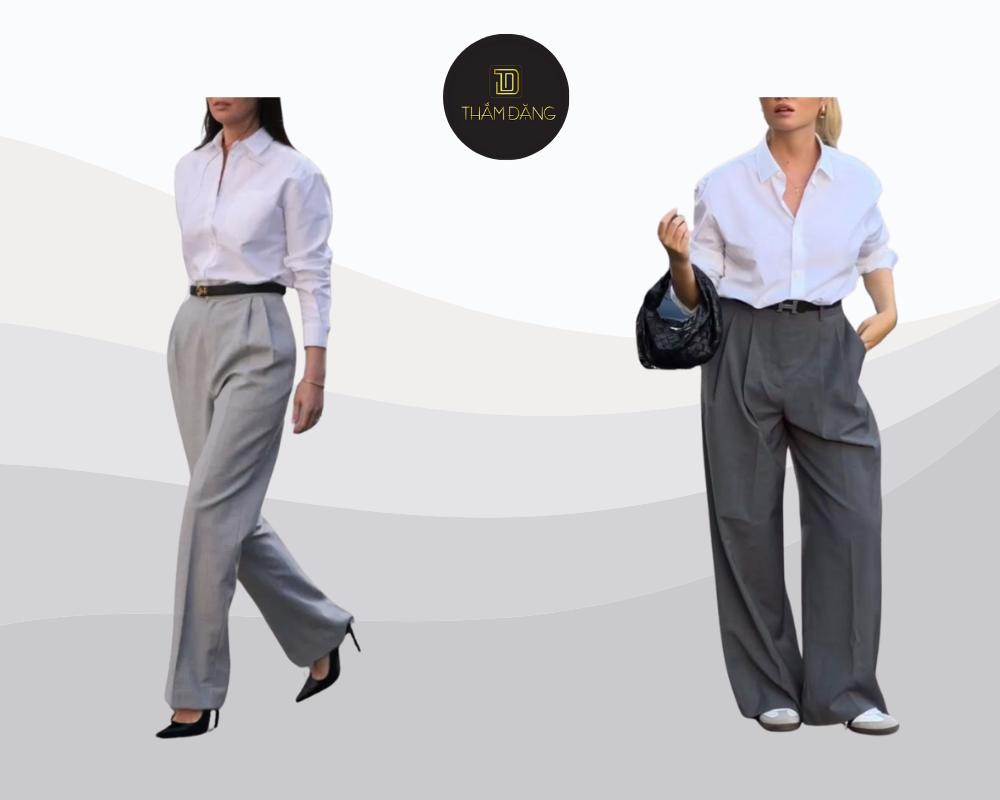 Sự kết hợp áo sơ mi trắng và quần âu xám tạo nên phong cách chuyên nghiệp và thanh lịch cho môi trường công sở.
