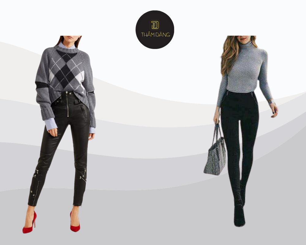 Outfit áo len xám và quần skinny đen mang đến vẻ ngoài trẻ trung, thanh lịch, lý tưởng cho mùa thu đông.