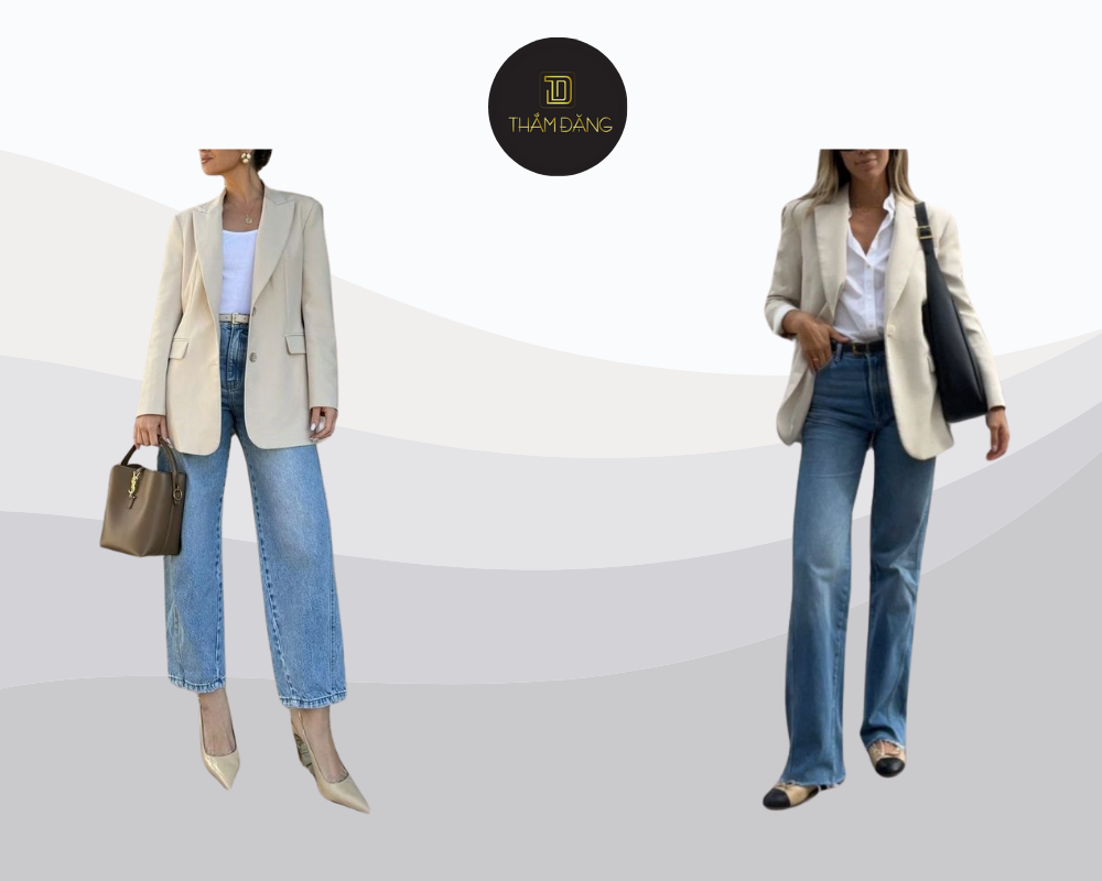 Blazer kem phối jeans xanh nhạt tạo nên outfit smart casual trẻ trung, thanh lịch và đầy phong cách.