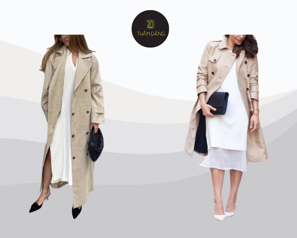 Thanh lịch và ấm áp, outfit trench coat nâu phối đầm trắng là lựa chọn lý tưởng cho những ngày se lạnh đầy phong cách