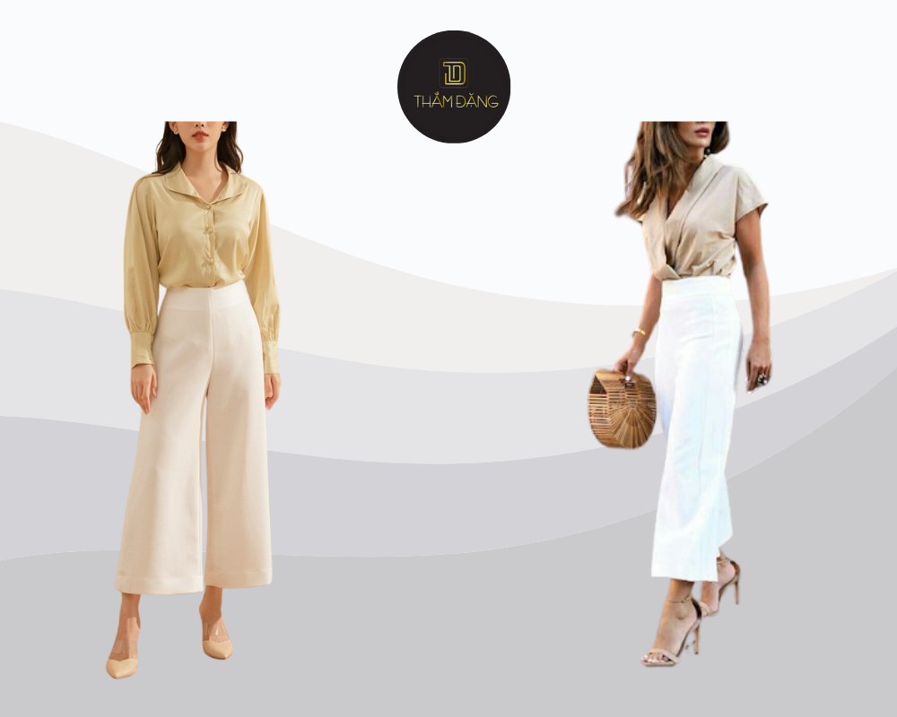 Outfit nhẹ nhàng và thanh lịch với áo sơ mi be, quần culottes trắng cùng phụ kiện tinh tế cho vẻ ngoài chỉn chu, hiện đại