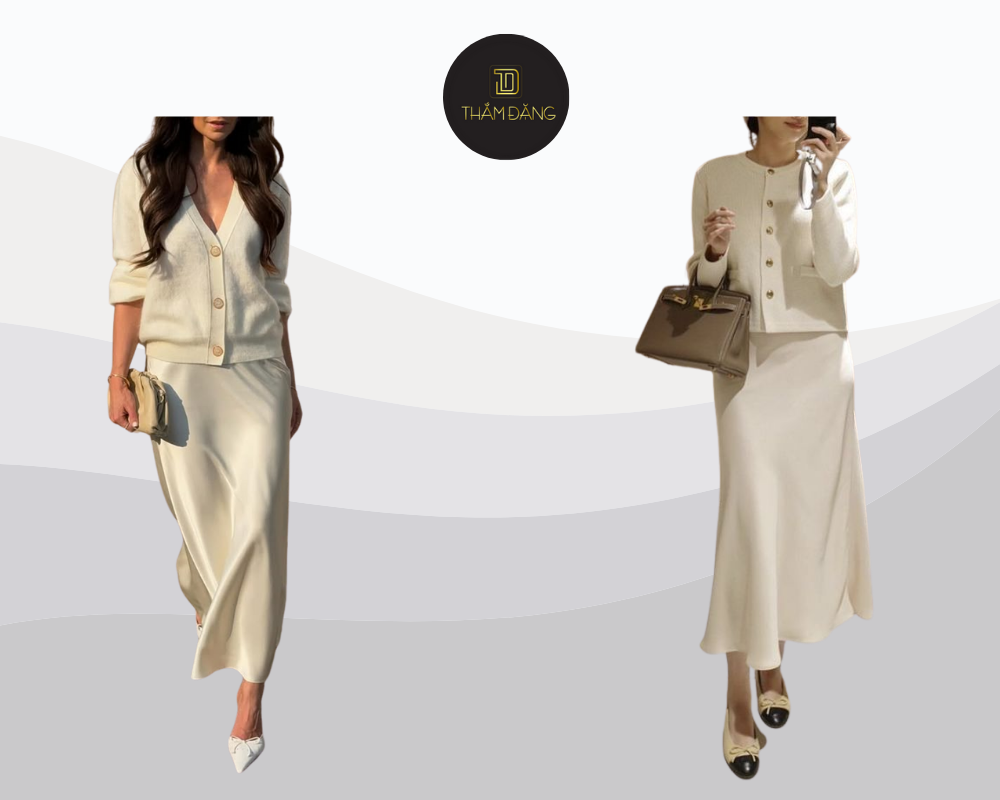 Thanh lịch và dịu dàng, set đồ cardigan be phối slip dress trắng là lựa chọn hoàn hảo cho những buổi hẹn hò nhẹ nhàng