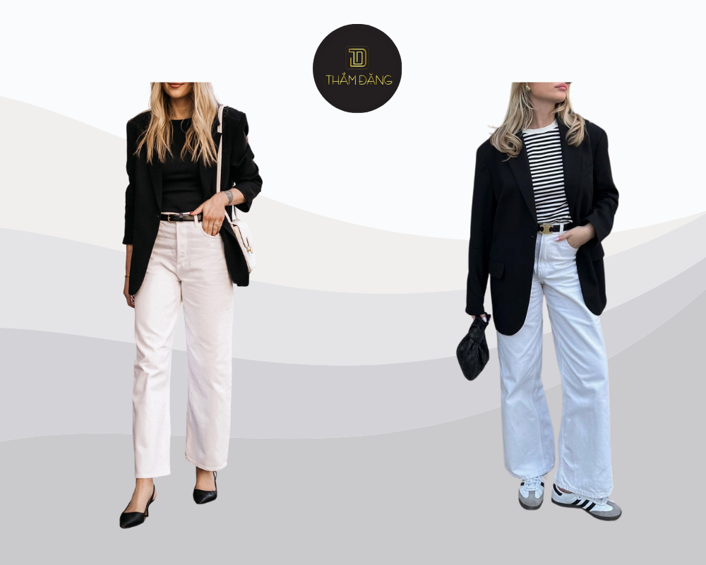Blazer đen kết hợp jeans trắng tạo nên vẻ ngoài cá tính, hiện đại và đầy tinh tế