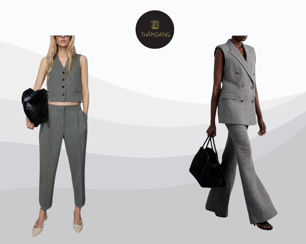Set vest màu ghi tôn lên vẻ đẹp thanh lịch, hiện đại và đầy quyền lực cho phái nữ trong mọi hoàn cảnh trang trọng