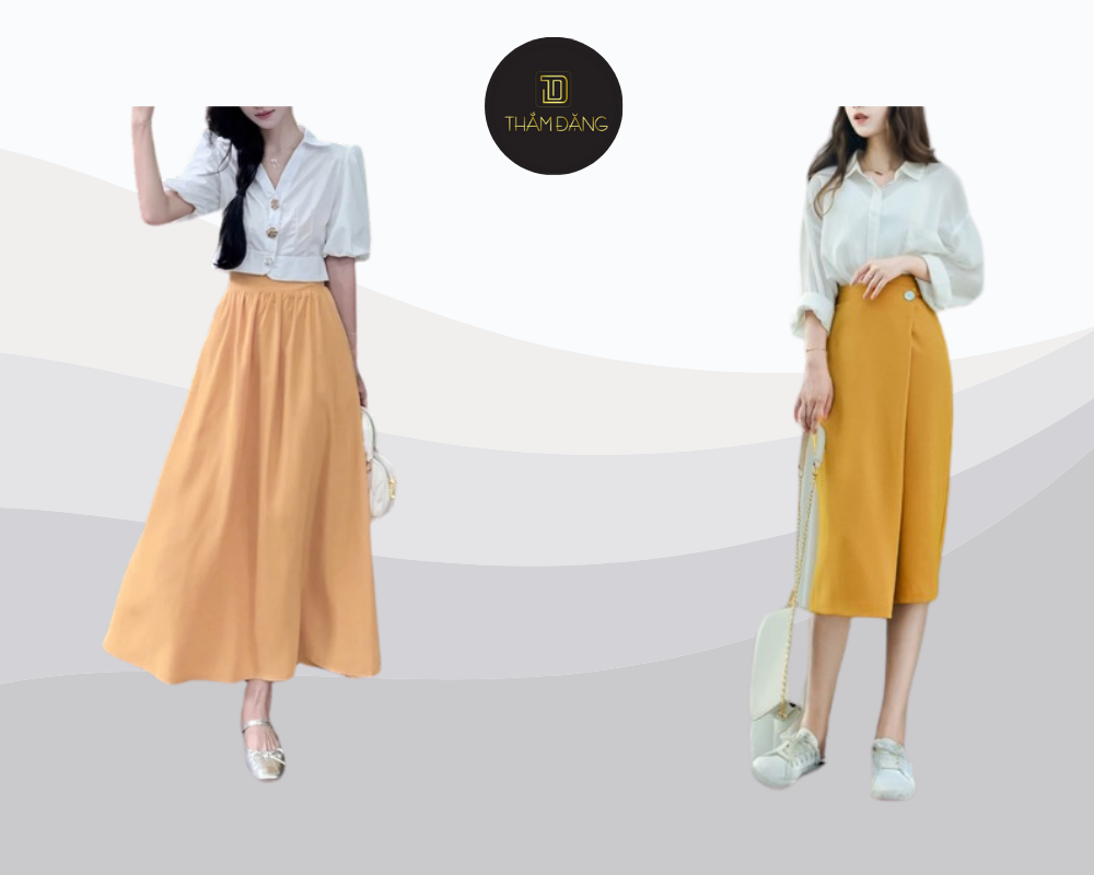 Chân váy vàng bò phối sơ mi trắng tạo nên vẻ đẹp cổ điển thanh lịch đầy tinh tế và dễ ứng dụng.
