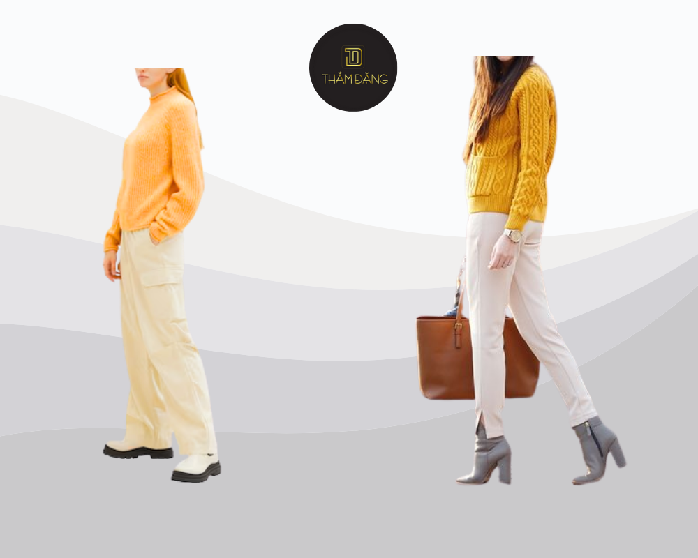 Áo len vàng bò phối quần be tạo nên outfit thu đông ấm áp thanh lịch và đầy cuốn hút.