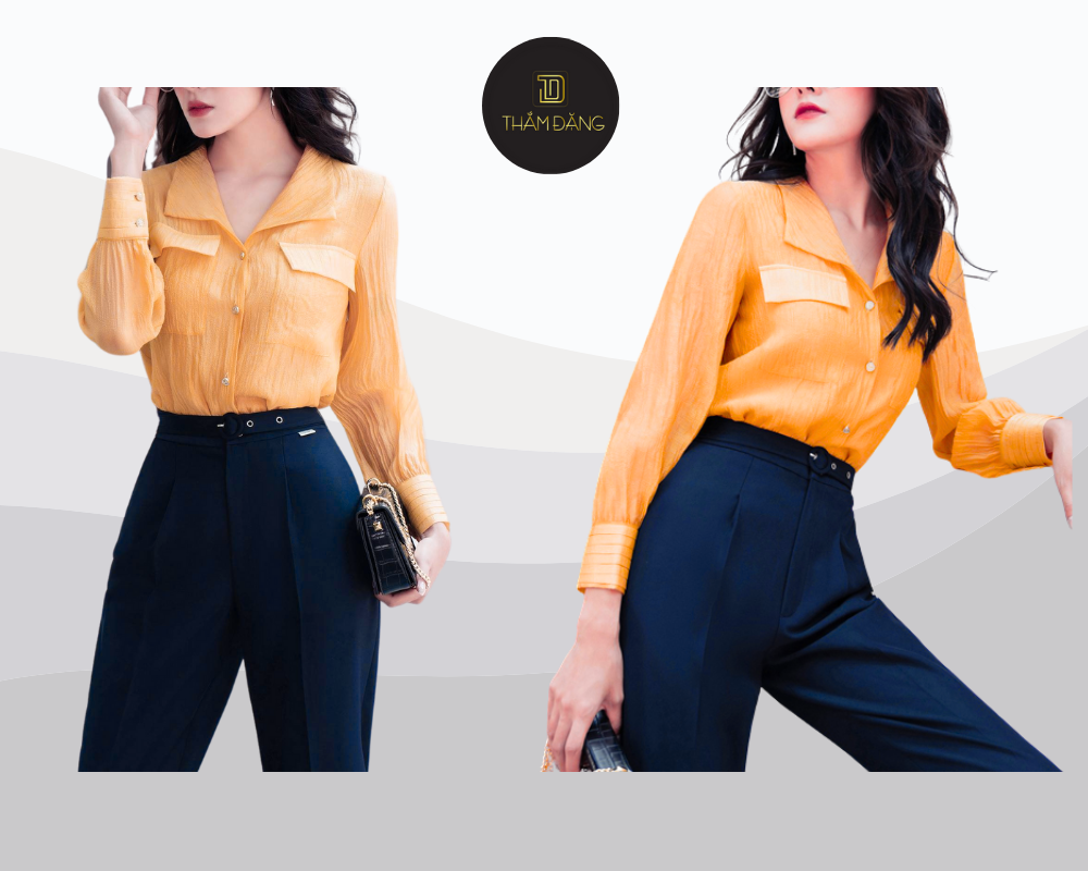 Áo sơ mi vàng bò phối quần xanh navy tạo nên outfit thời thượng, thanh lịch và đầy cuốn hút.
