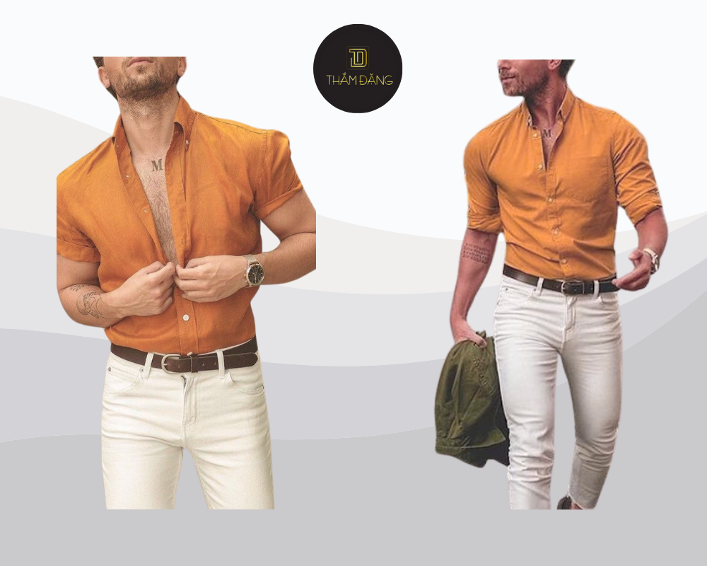 Áo sơ mi vàng bò phối quần trắng tạo nên outfit trẻ trung, thanh lịch và tươi mới cho nhiều dịp.