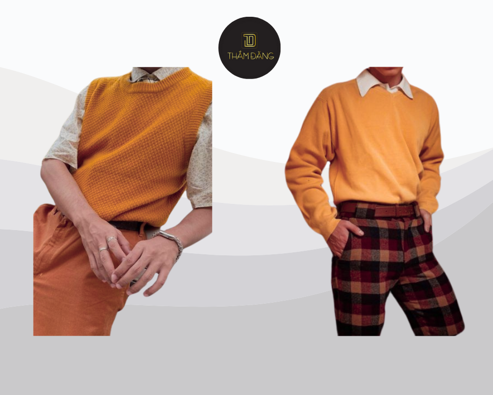 Set áo len vàng bò và quần nâu/beige mang đến vẻ ngoài ấm áp, lịch lãm và trẻ trung cho những ngày thu đông.