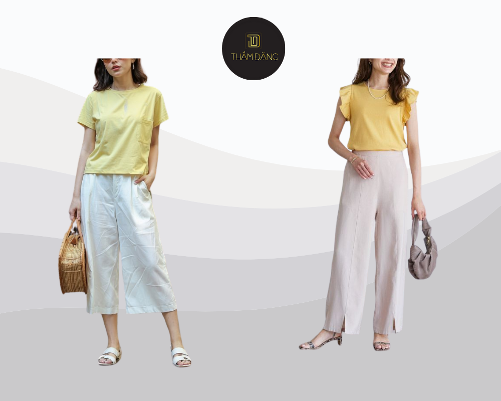 Áo phông vàng chanh kết hợp quần culottes trắng mang đến set đồ trẻ trung năng động và thanh lịch cho những ngày dạo phố.