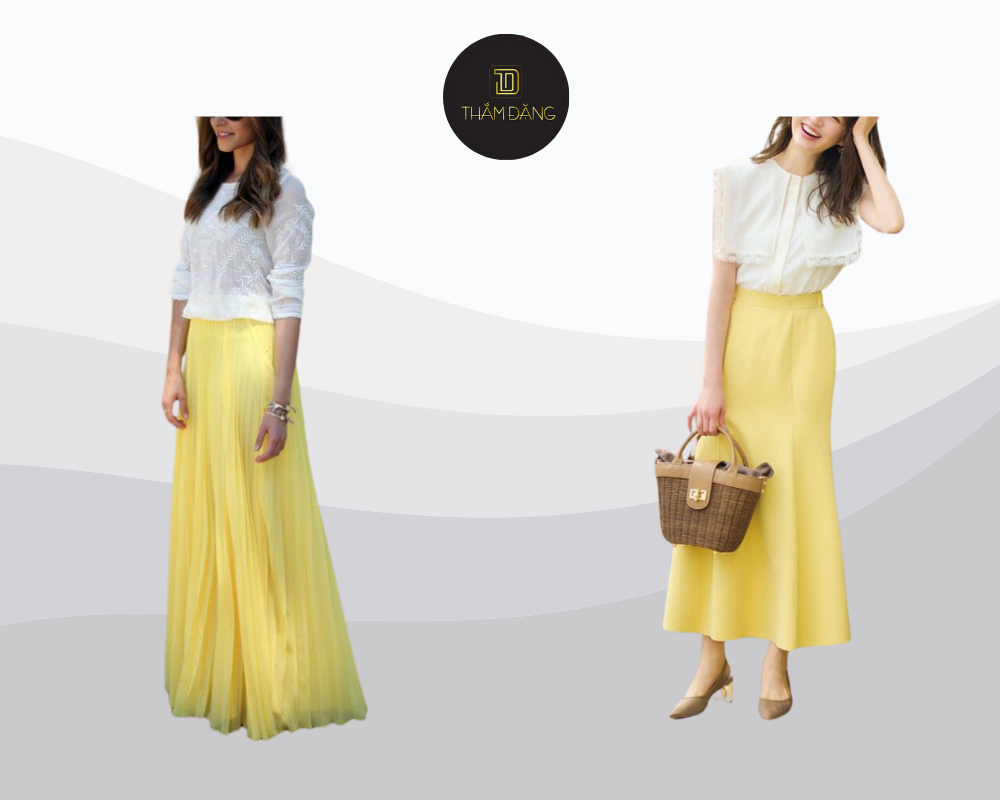 Chân váy vàng chanh kết hợp áo sơ mi trắng tạo nên outfit thanh lịch, tươi tắn và đầy chuyên nghiệp cho môi trường công sở.