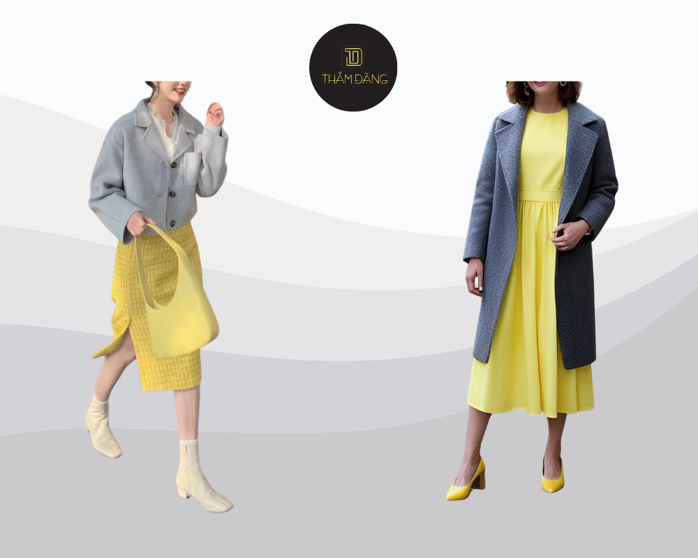 Váy liền vàng chanh kết hợp áo khoác dạ ghi xám tạo nên outfit sang trọng, hài hòa và tinh tế cho mùa đông nhẹ.
