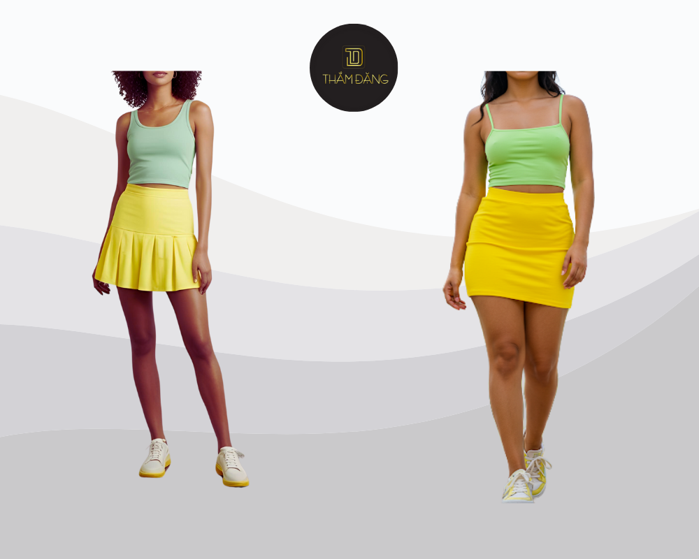 Áo hai dây xanh lá kết hợp chân váy vàng chanh tạo nên outfit trẻ trung, sôi động và đầy phong cách cho mùa hè.