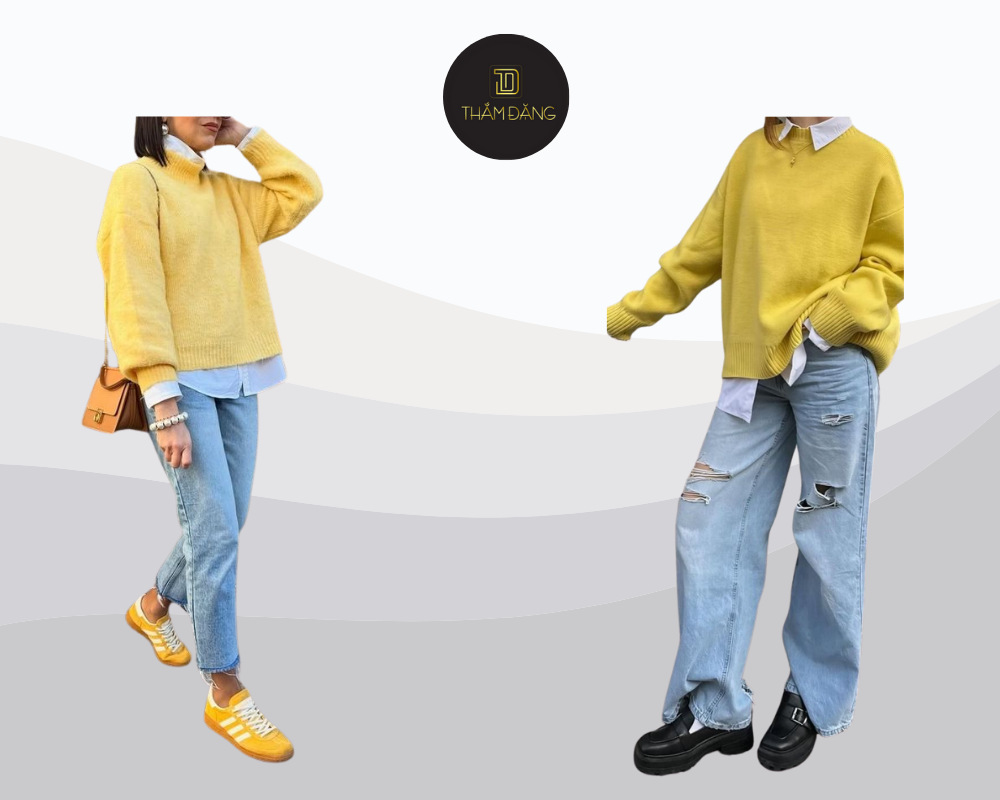 Áo len vàng chanh kết hợp quần jeans xanh nhạt mang đến set đồ trẻ trung năng động và ấm áp cho những ngày se lạnh.