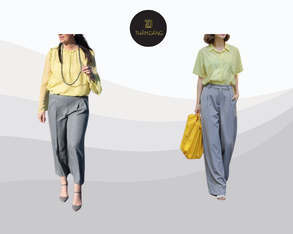 Áo sơ mi vàng chanh kết hợp quần âu ghi tạo nên set đồ công sở thanh lịch, hiện đại và đầy sức sống.