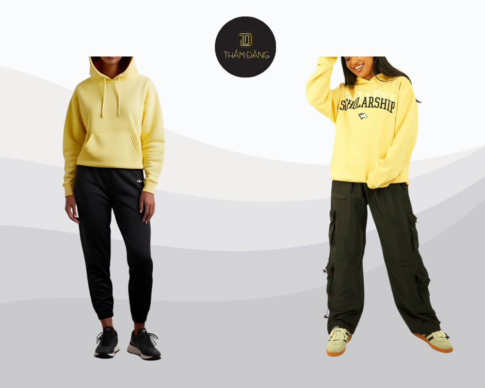 Áo hoodie vàng chanh phối quần jogger đen tạo nên outfit streetstyle cá tính năng động và đầy nổi bật.