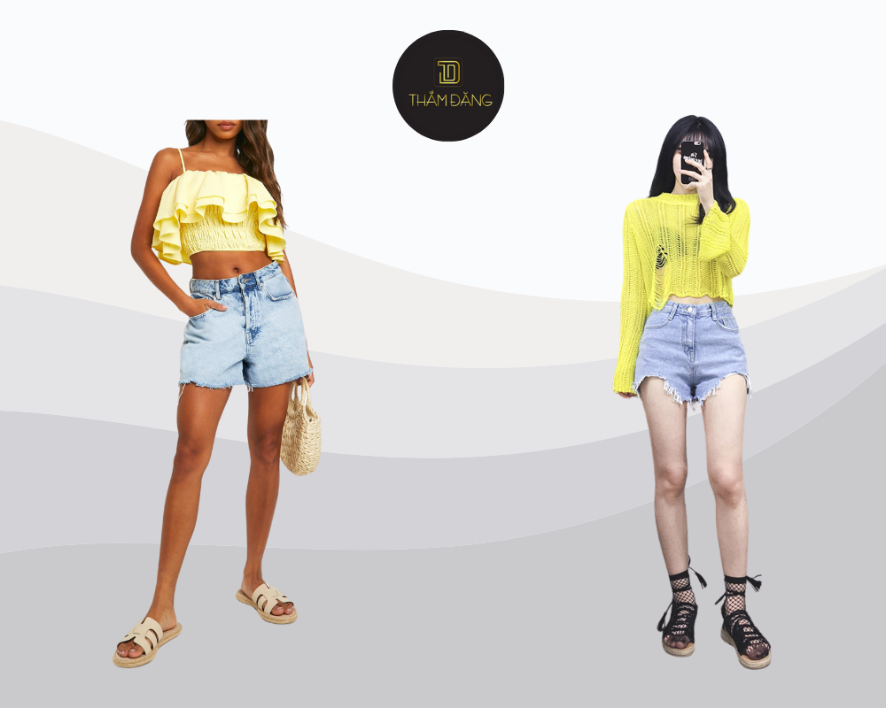 Áo croptop vàng chanh kết hợp quần short jeans tạo nên set đồ mùa hè trẻ trung mát mẻ và đầy cuốn hút.