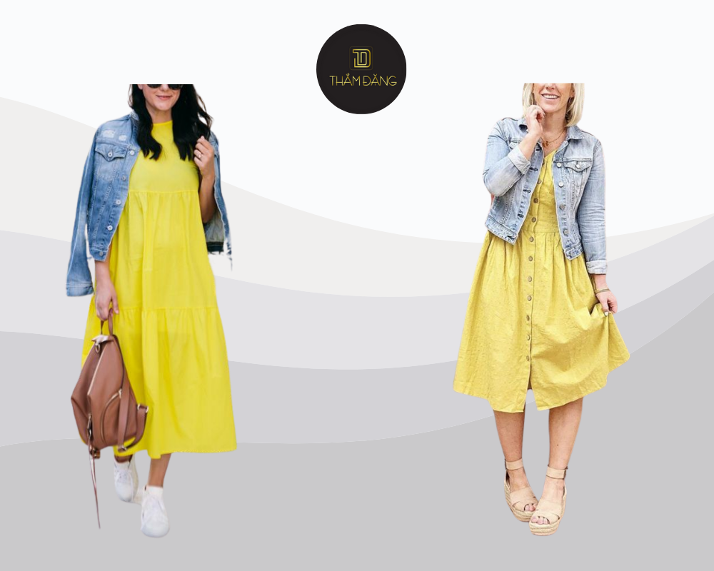 Váy vàng chanh kết hợp áo khoác denim xanh tạo nên outfit trẻ trung cá tính và đầy nữ tính cho những ngày xuống phố.