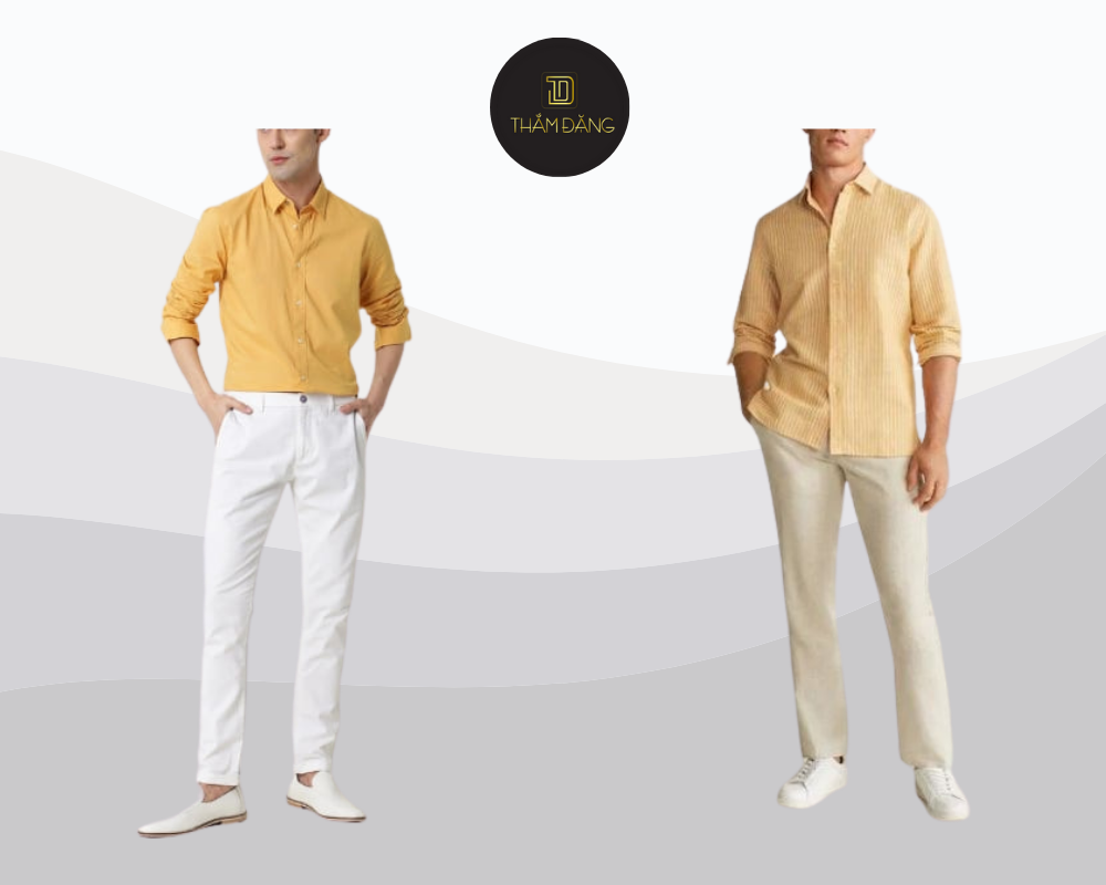 Áo sơ mi vàng chanh kết hợp quần trắng mang đến vẻ ngoài tinh tế trẻ trung và thanh lịch cho phái nam trong ngày hè.