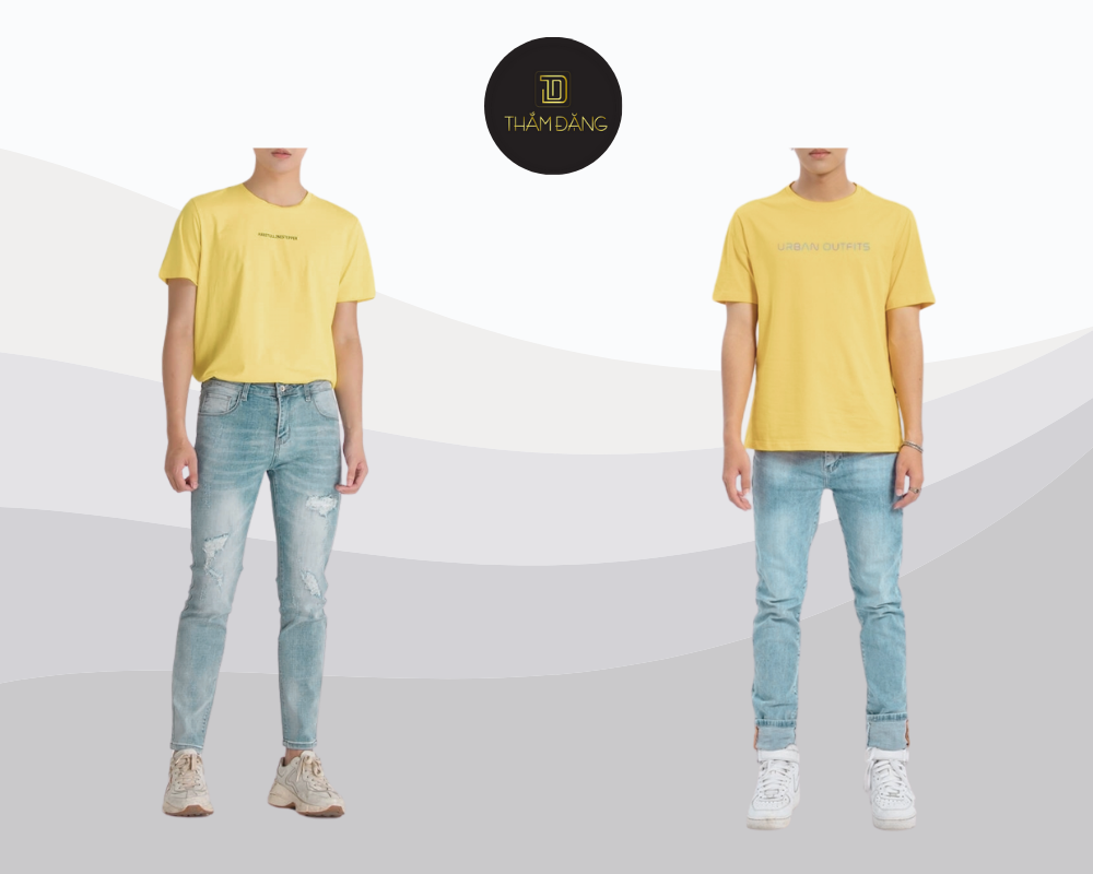 Áo thun vàng chanh kết hợp quần jeans xanh dương mang đến phong cách trẻ trung năng động và đầy nam tính cho các chàng trai.