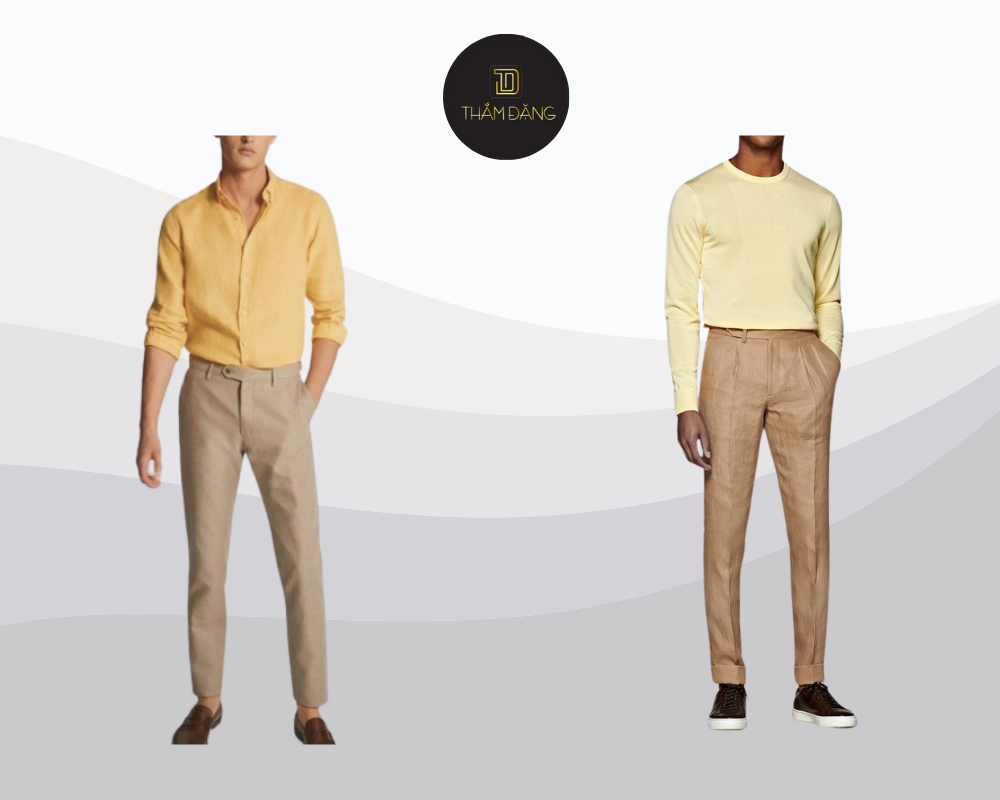 Set đồ quần tây nâu và áo phông vàng chanh mang đến vẻ ngoài sang trọng, tinh tế và đầy phong cách cho phái nam.
