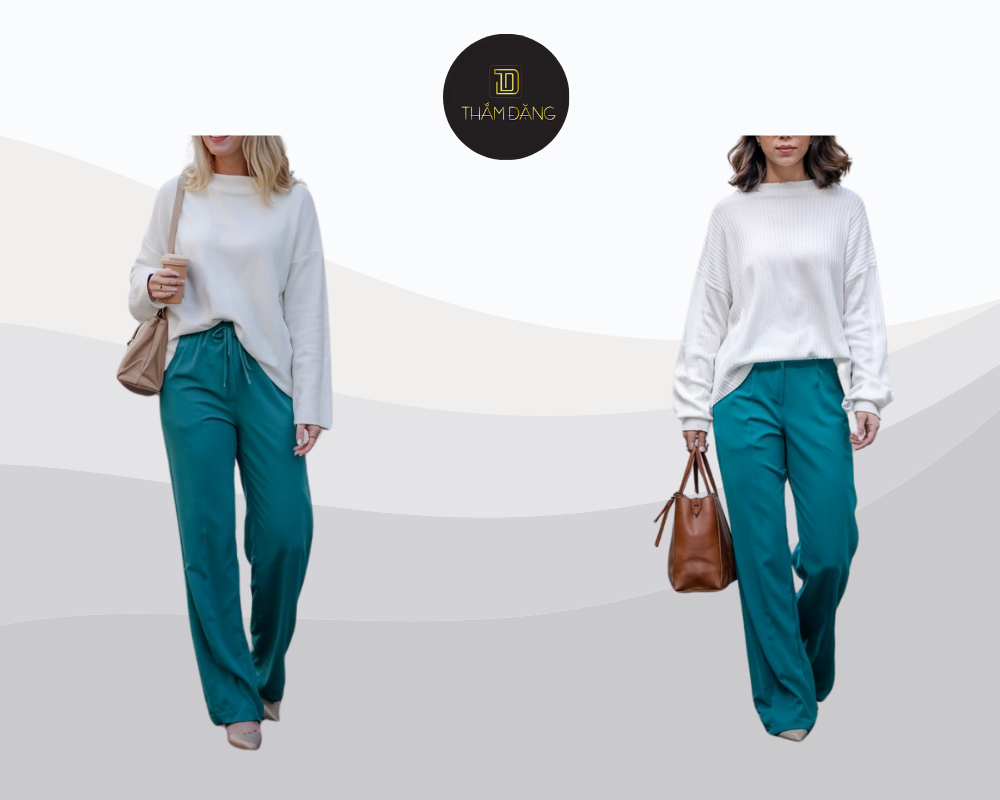 Set đồ áo len trắng và quần xanh cổ vịt mang đến vẻ đẹp hài hòa, tinh tế và phù hợp với nhiều hoàn cảnh.