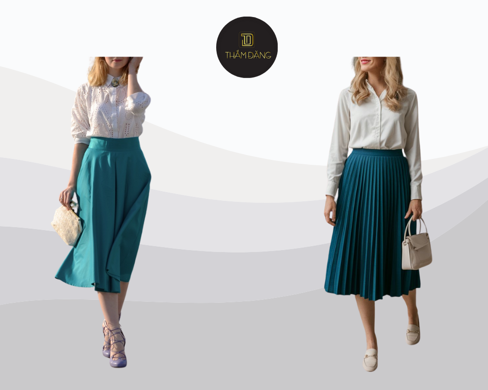 Với áo sơ mi trắng cổ điển và váy midi xanh cổ vịt, set đồ này tôn lên vẻ đẹp thanh lịch, nữ tính và đầy cuốn hút.