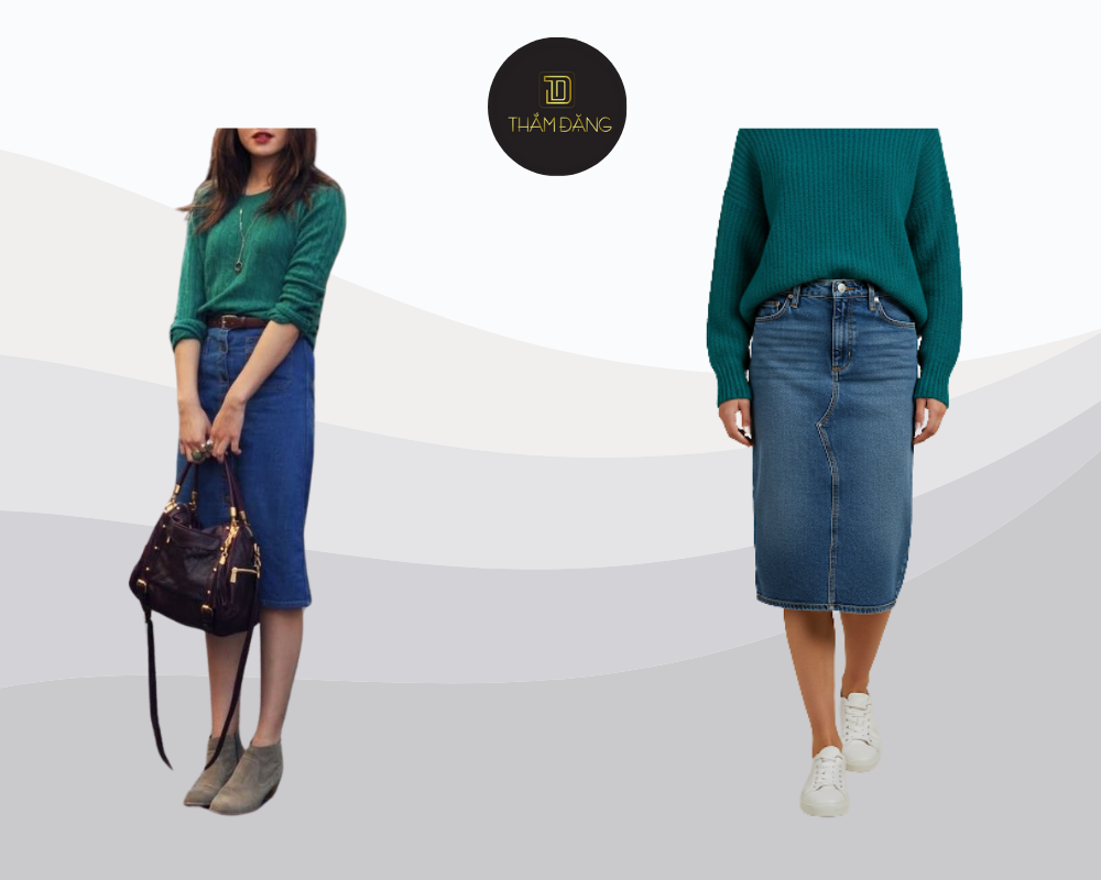 Set đồ áo len xanh cổ vịt kết hợp chân váy denim mang đến vẻ ngoài vừa ấm áp vừa năng động cho mùa thu đông.