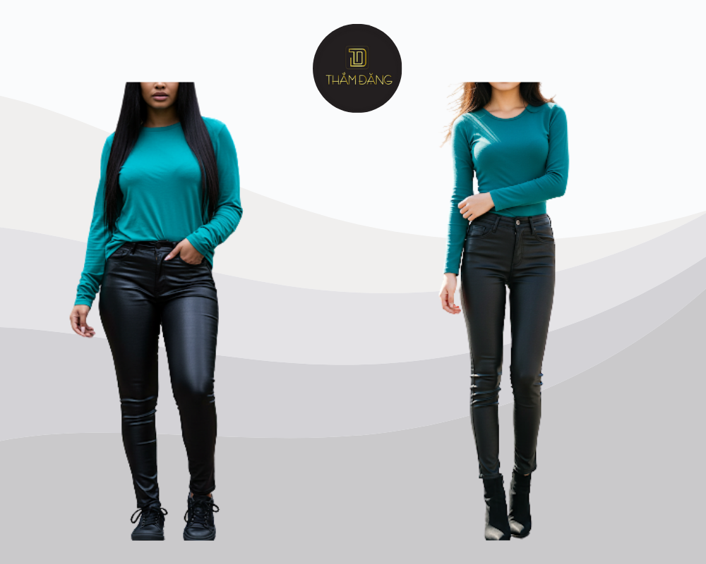 Set đồ hiện đại với áo phông dài tay xanh cổ vịt và quần skinny bóng đen mang đến sự cân bằng hoàn hảo giữa thoải mái và phong cách.