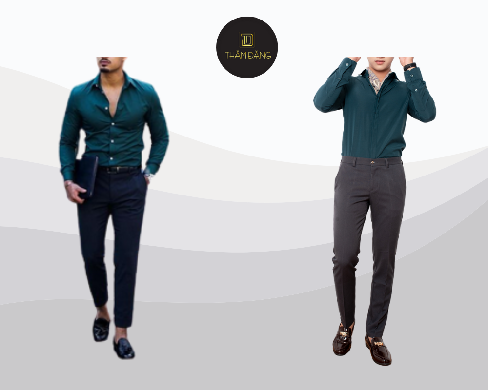 Set đồ áo sơ mi xanh cổ vịt và quần tây đen mang đến vẻ ngoài lịch lãm, tinh tế và đầy nam tính.