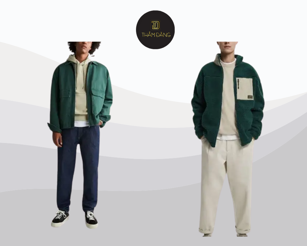 Set đồ áo thun trắng kết hợp áo khoác bomber xanh cổ vịt tạo phong cách năng động và trẻ trung cho nam giới.