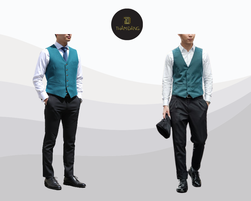 Vest xanh cổ vịt kết hợp áo sơ mi trắng và quần tây đen tạo nên vẻ ngoài lịch lãm, đẳng cấp cho quý ông hiện đại.