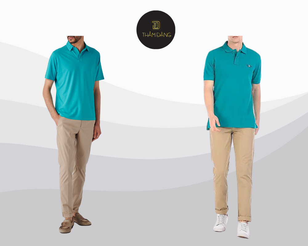 Outfit polo xanh cổ vịt và quần kaki màu be mang đến vẻ ngoài thanh lịch, trẻ trung, dễ dàng phối hợp cho nhiều dịp.