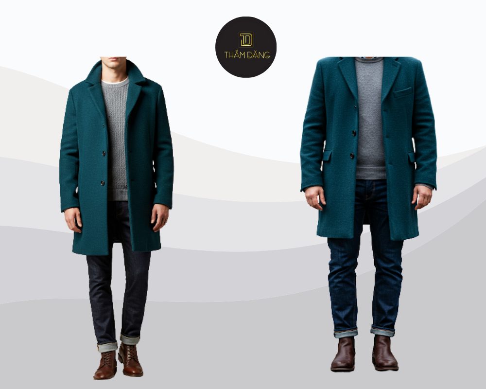 Set đồ mùa đông hoàn hảo với áo khoác dạ xanh cổ vịt, áo len xám và quần jeans, mang đến vẻ ngoài ấm áp và thời thượng.