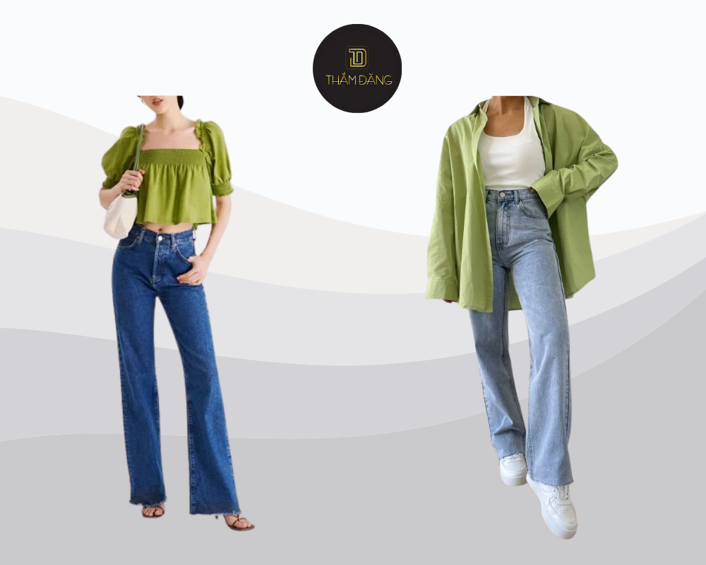 Outfit áo xanh cốm và quần jeans tạo phong cách trẻ trung, năng động nhưng vẫn tinh tế, phù hợp cho mọi dịp.
