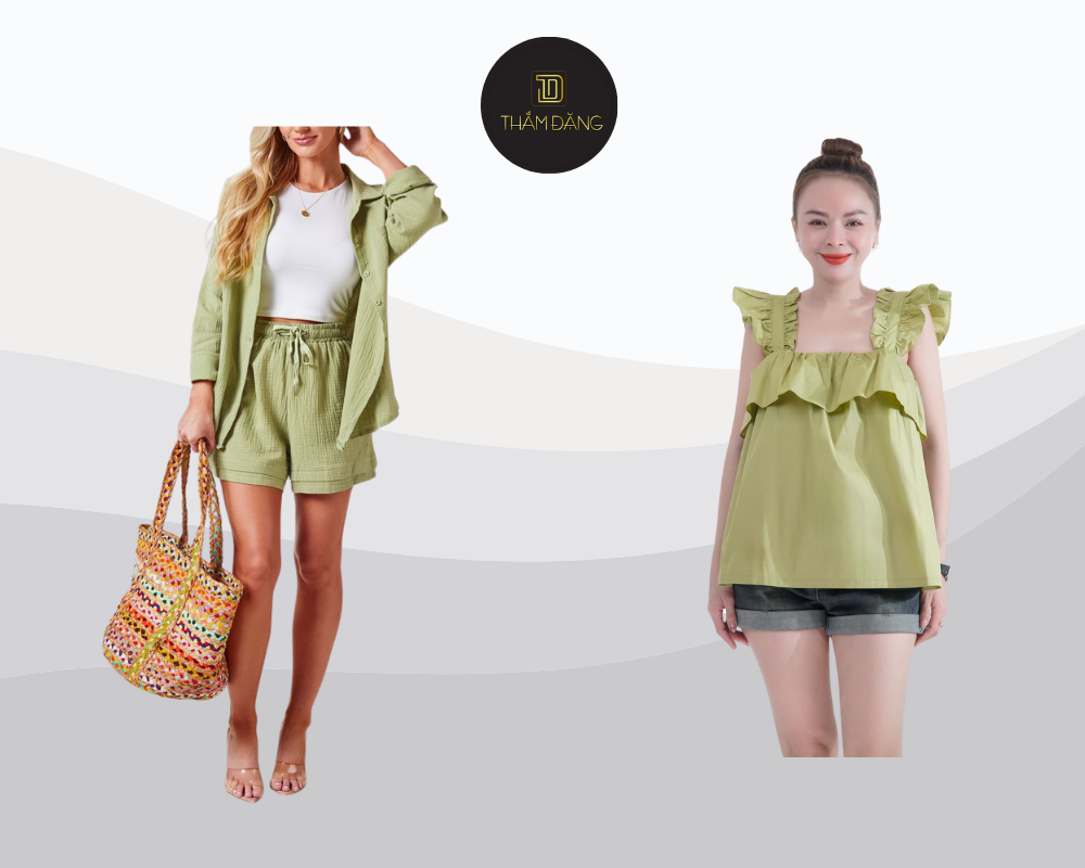 Áo xanh cốm kết hợp quần short mang đến phong cách trẻ trung, năng động và thoải mái cho mùa hè.
