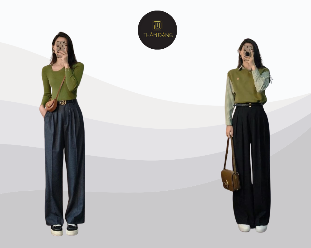 Set đồ áo xanh cốm và quần âu đen mang đến vẻ ngoài vừa sang trọng vừa chuyên nghiệp, hoàn hảo cho mọi dịp công sở.