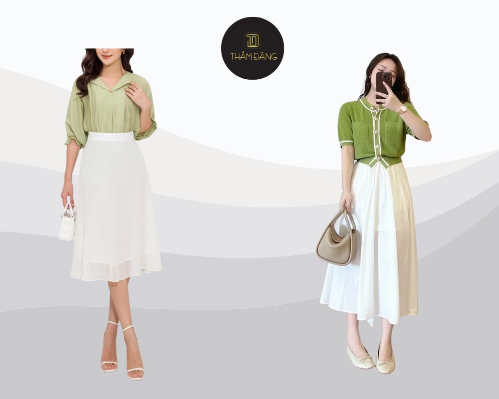 Outfit áo xanh cốm và chân váy trắng mang đến vẻ đẹp thanh lịch, nữ tính với điểm nhấn tinh tế cho các dịp khác nhau.