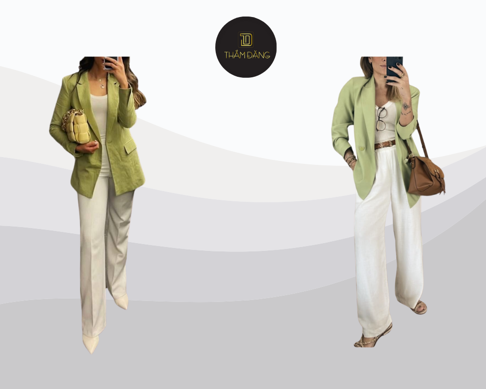 Blazer xanh cốm và quần âu màu be: sự kết hợp hoàn hảo giữa phong cách chuyên nghiệp và cá tính cho chị em công sở.
