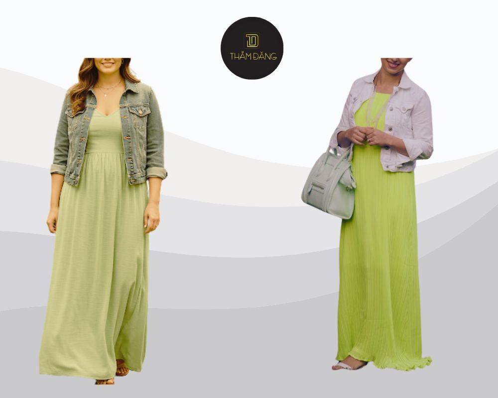 Đầm maxi xanh cốm và áo khoác denim tạo nên phong cách bohemian chic vừa nữ tính vừa cá tính, hoàn hảo cho những dịp dạo phố hay tiệc ngoài trời.