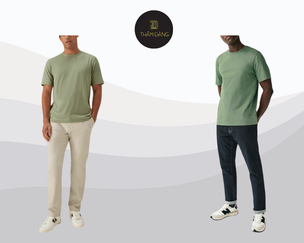 Outfit áo phông xanh cốm và quần jeans mang đến phong cách trẻ trung, năng động và đầy cá tính cho quý ông.