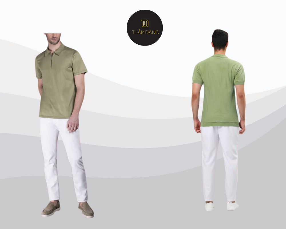 Áo polo xanh cốm kết hợp quần kaki tạo nên vẻ ngoài lịch lãm, trẻ trung và đầy tự tin cho các quý ông.