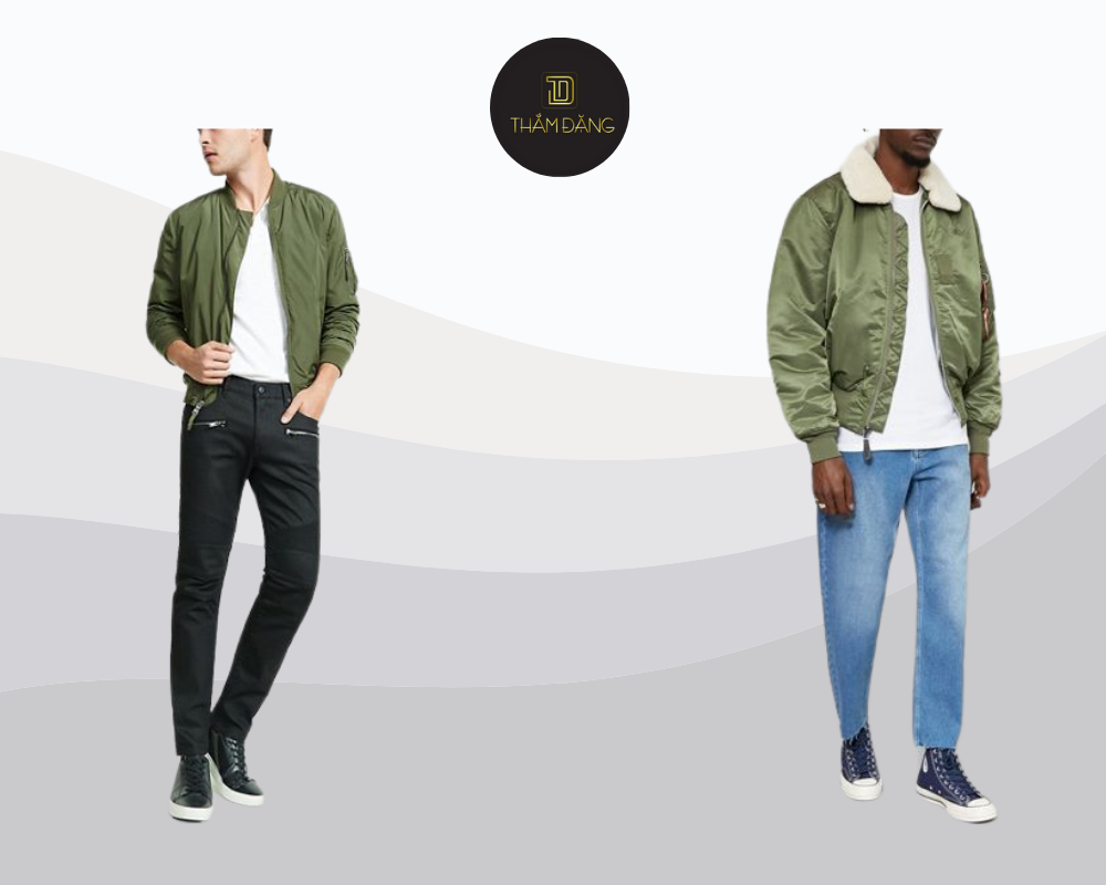 Áo khoác bomber xanh cốm kết hợp cùng áo phông trắng và quần jeans đen tạo nên phong cách hip-hop năng động, thời thượng cho các quý ông cá tính.