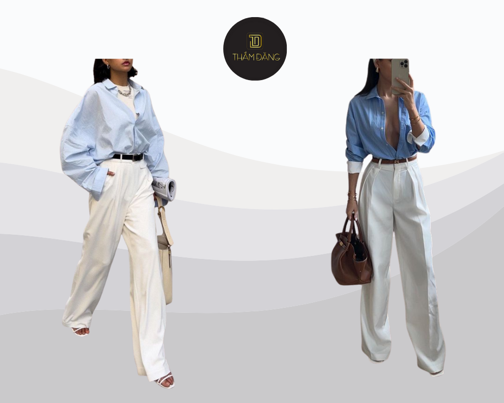 Tươi mát và tinh tế với áo xanh lam phối quần jeans trắng cùng phụ kiện trung tính từ Thắm Đặng Store.