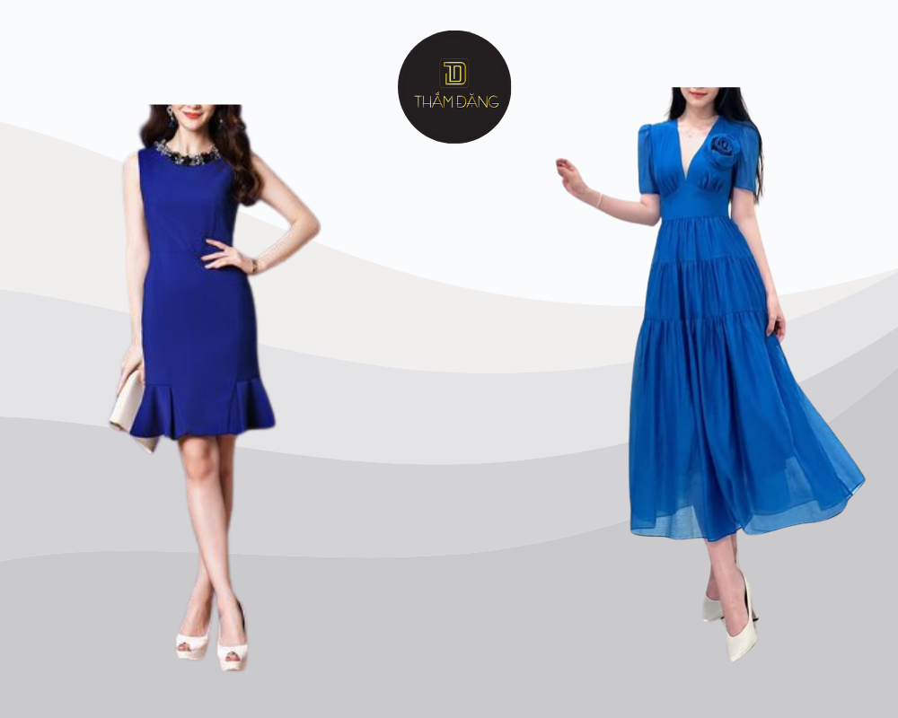 Đầm xanh lam thanh lịch tôn dáng kết hợp phụ kiện tinh tế cho vẻ đẹp quý phái và nổi bật.