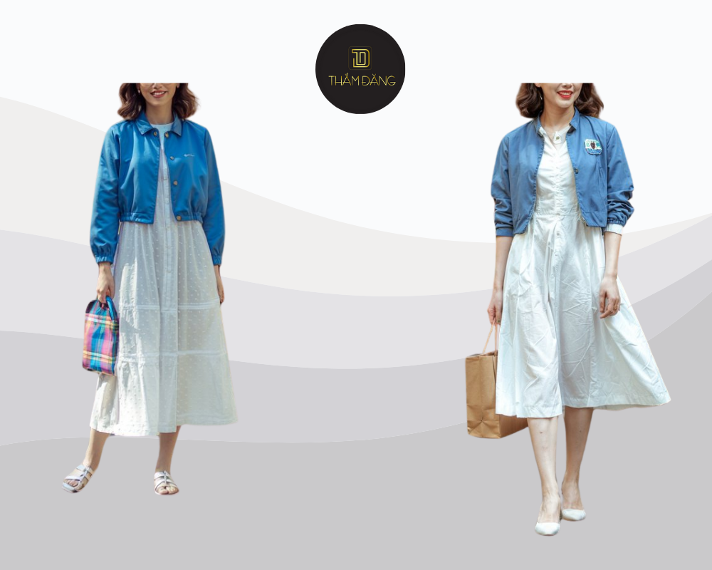 Thanh lịch và cuốn hút với áo khoác xanh lam kết hợp váy trắng từ Thắm Đặng Store.