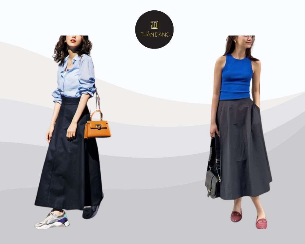 Thanh lịch và chuyên nghiệp với áo xanh lam phối chân váy đen từ Thắm Đặng Store.
