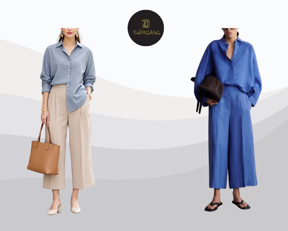 Thanh lịch và thoải mái với combo áo xanh lam và quần culottes từ Thắm Đặng Store.